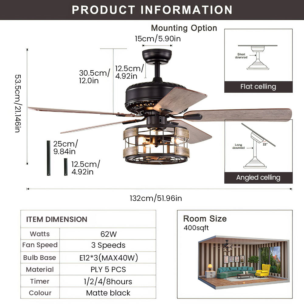Homdiy Retro Metal Bedroom Ceiling Fan With Light And Remote
