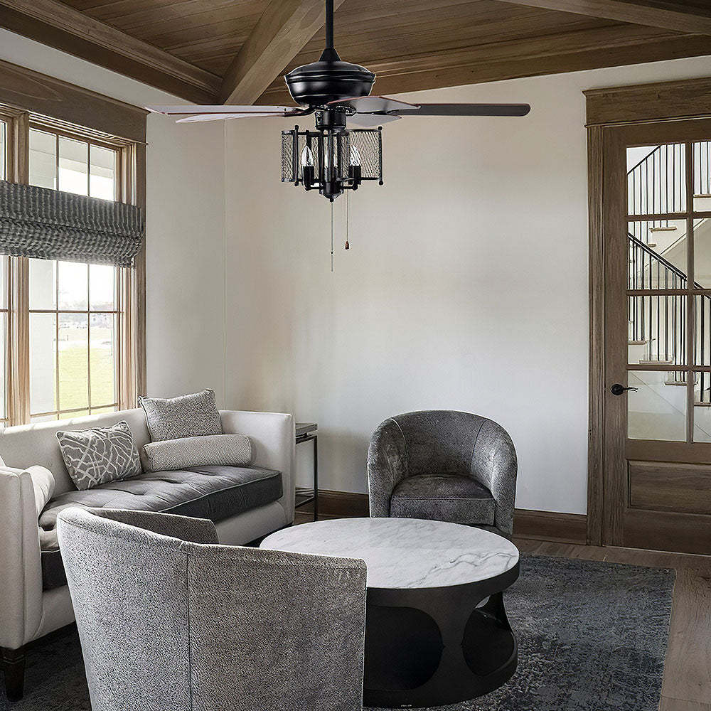 Industrial Iron Mesh Ceiling Fan With Light And Remote -Homdiy