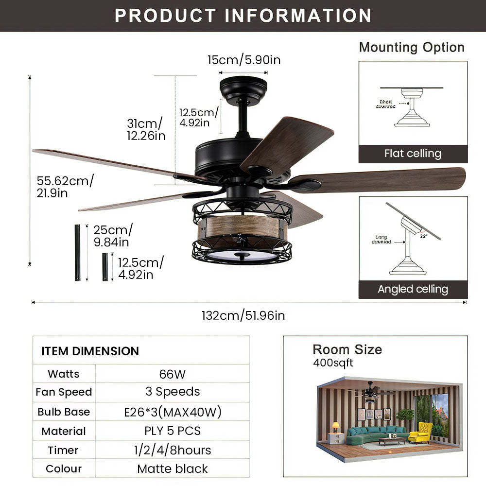 Modern Metal Black Ceiling Fan With Light And Remote -Homdiy