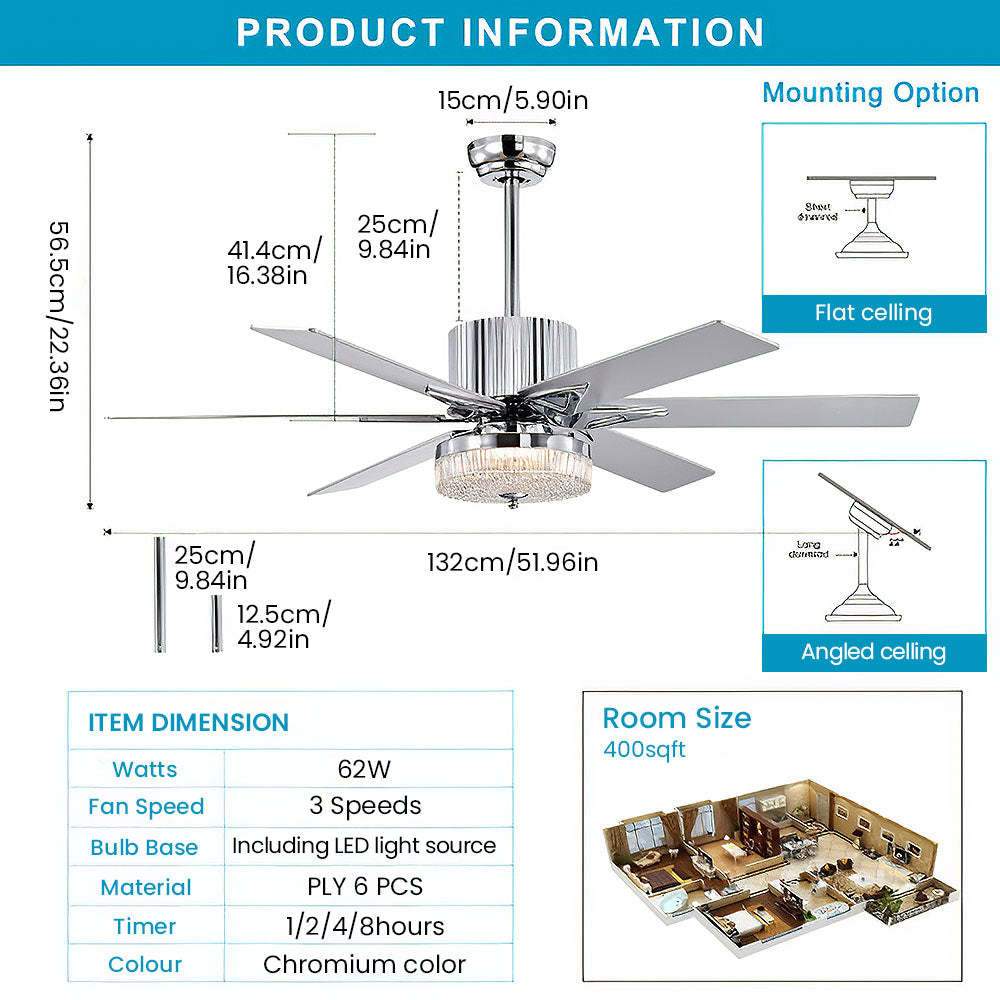 Contemporary Black Ceiling Fan With LED Light And Remote -Homdiy