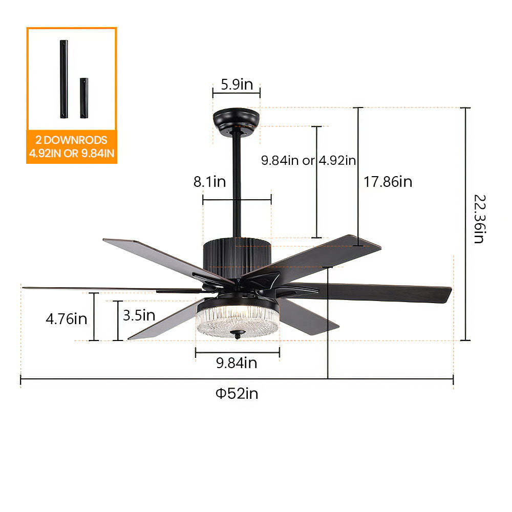 Contemporary Black Ceiling Fan With LED Light And Remote -Homdiy