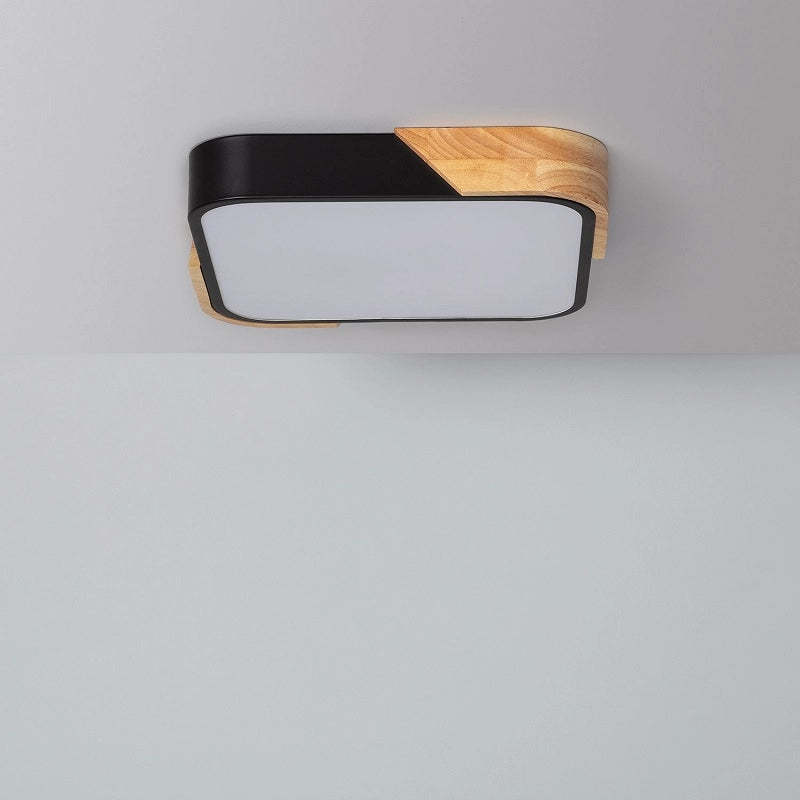 Square Wood And Metal Flush Mount LED Dimmable Ceiling Light -Homdiy