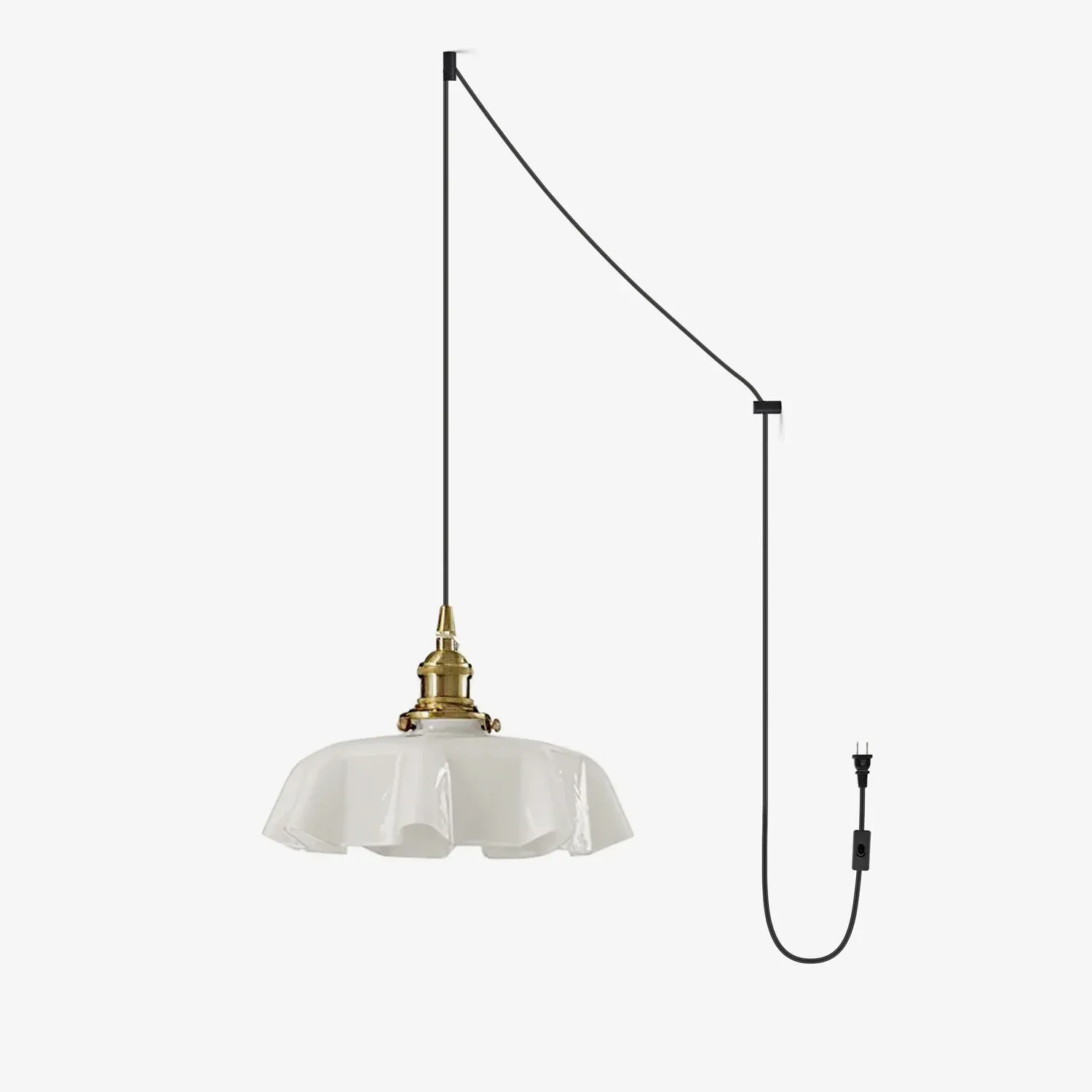 Vintage French Frilly Opaque Glass Pendant Light with ruffled draped shape