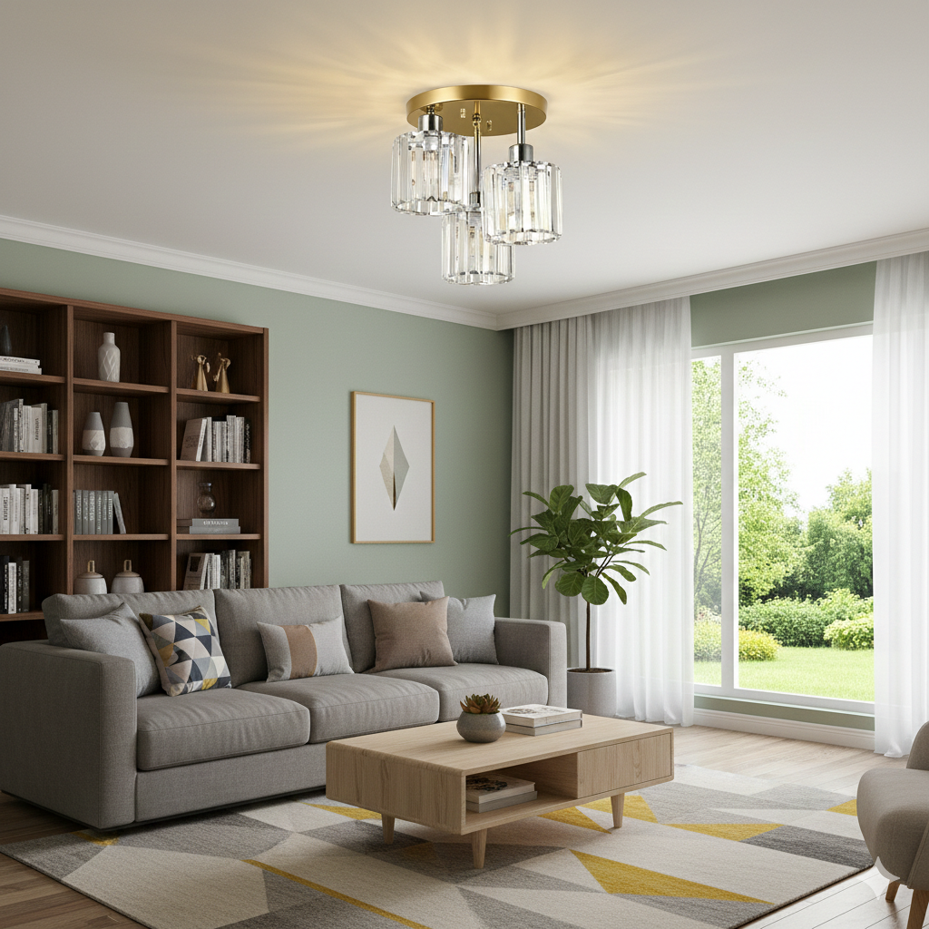 Modern Glass Crystal Semi Flush Ceiling Light