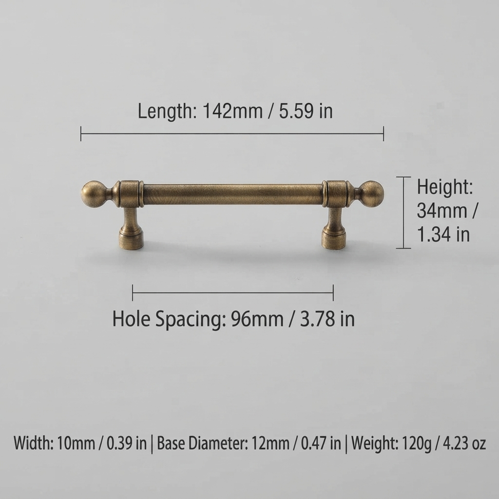 French Vintage Solid Antique Brass Ball-End Cabinet Pulls
