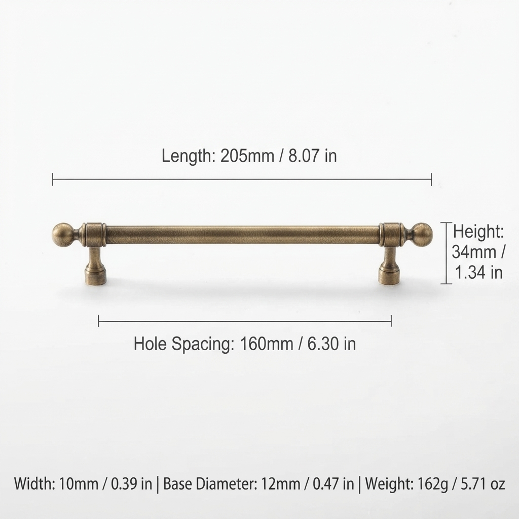 French Vintage Solid Antique Brass Ball-End Cabinet Pulls