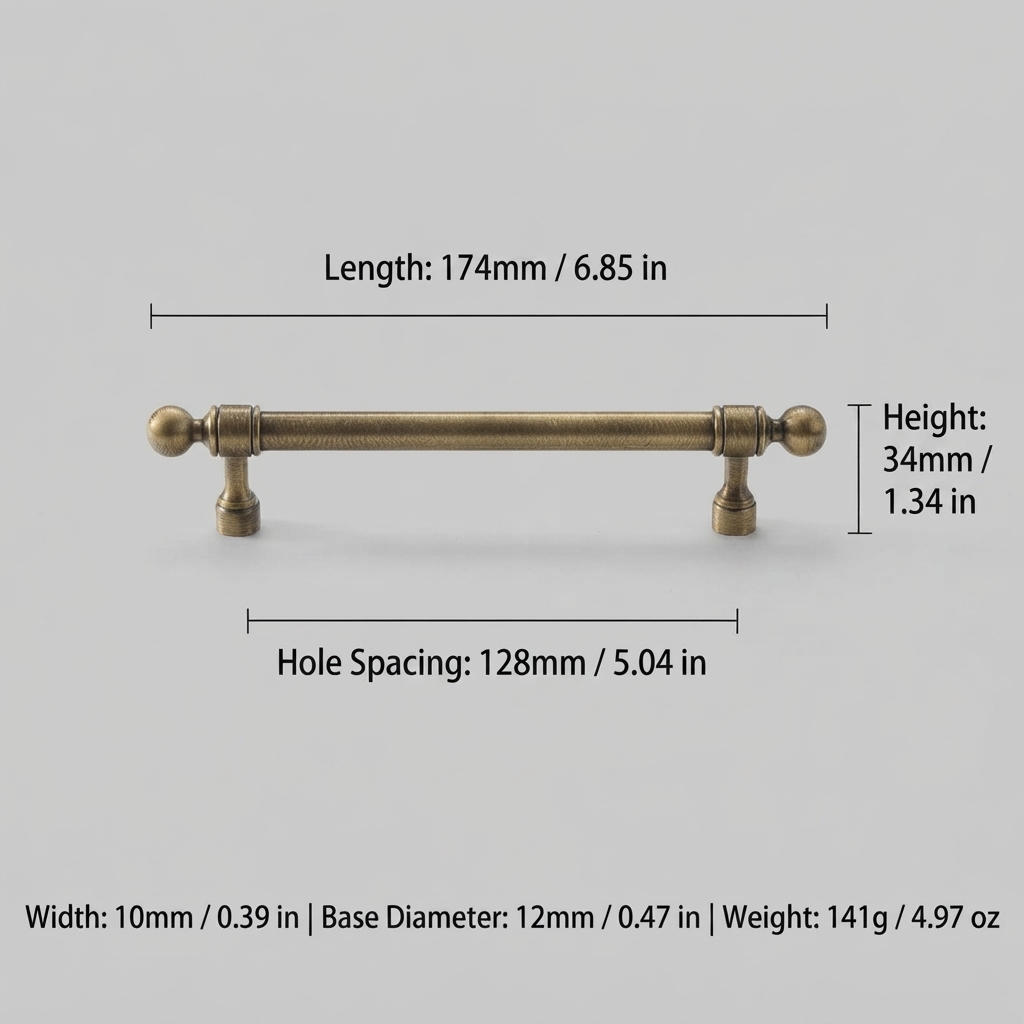 French Vintage Solid Antique Brass Ball-End Cabinet Pulls