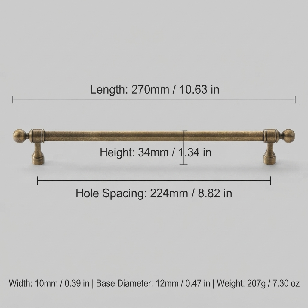 French Vintage Solid Antique Brass Ball-End Cabinet Pulls