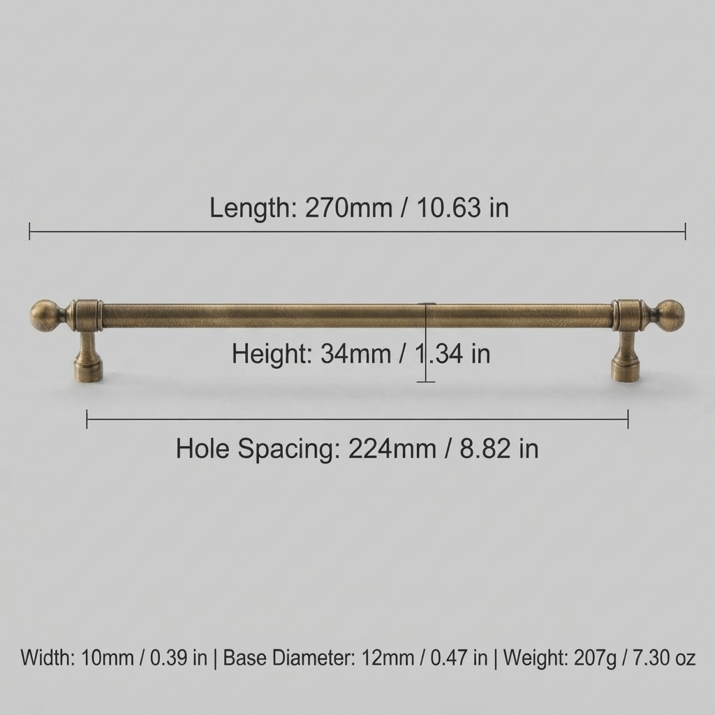 French Vintage Solid Antique Brass Ball-End Cabinet Pulls