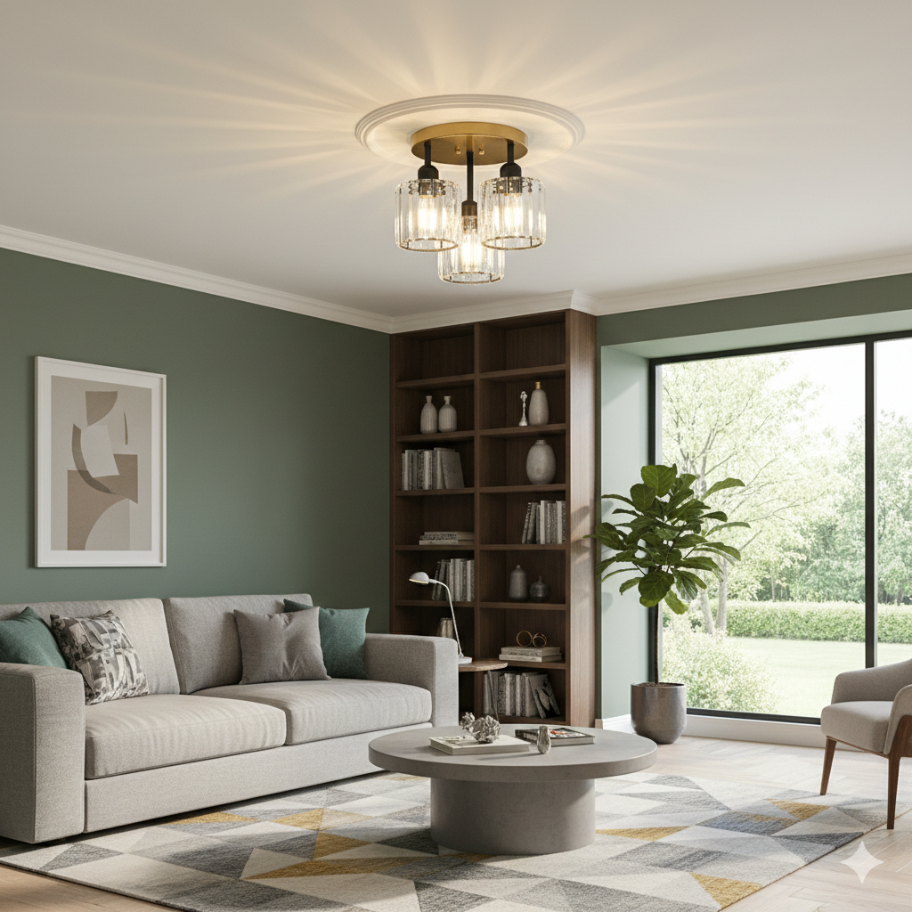 Modern Glass Crystal Semi Flush Ceiling Light