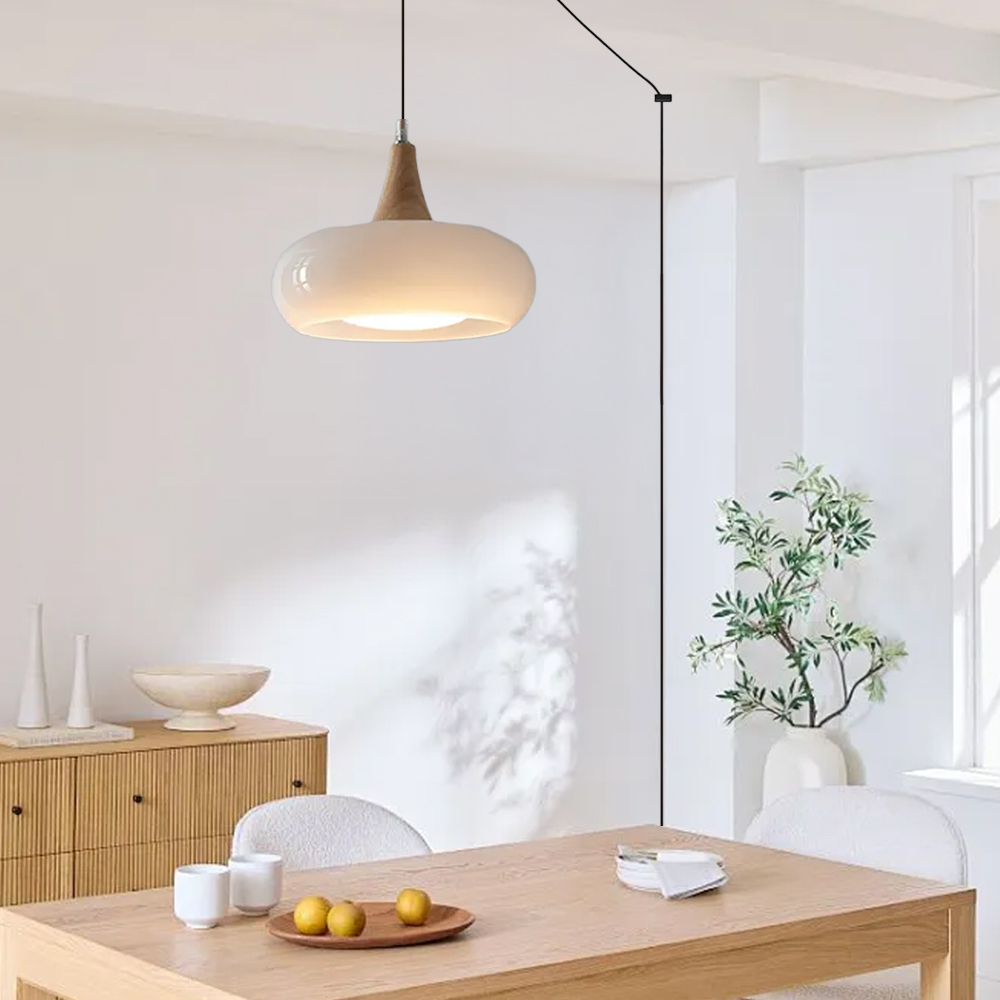 Modern Glass Wood Pendant Light |Plug in Hanging Light for Kitchen