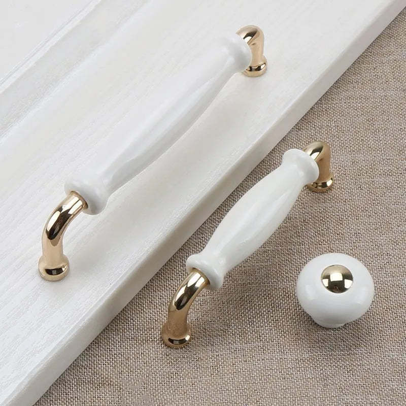 Light Luxury Gold White Creamic Kitchen Door Handles -Homdiy