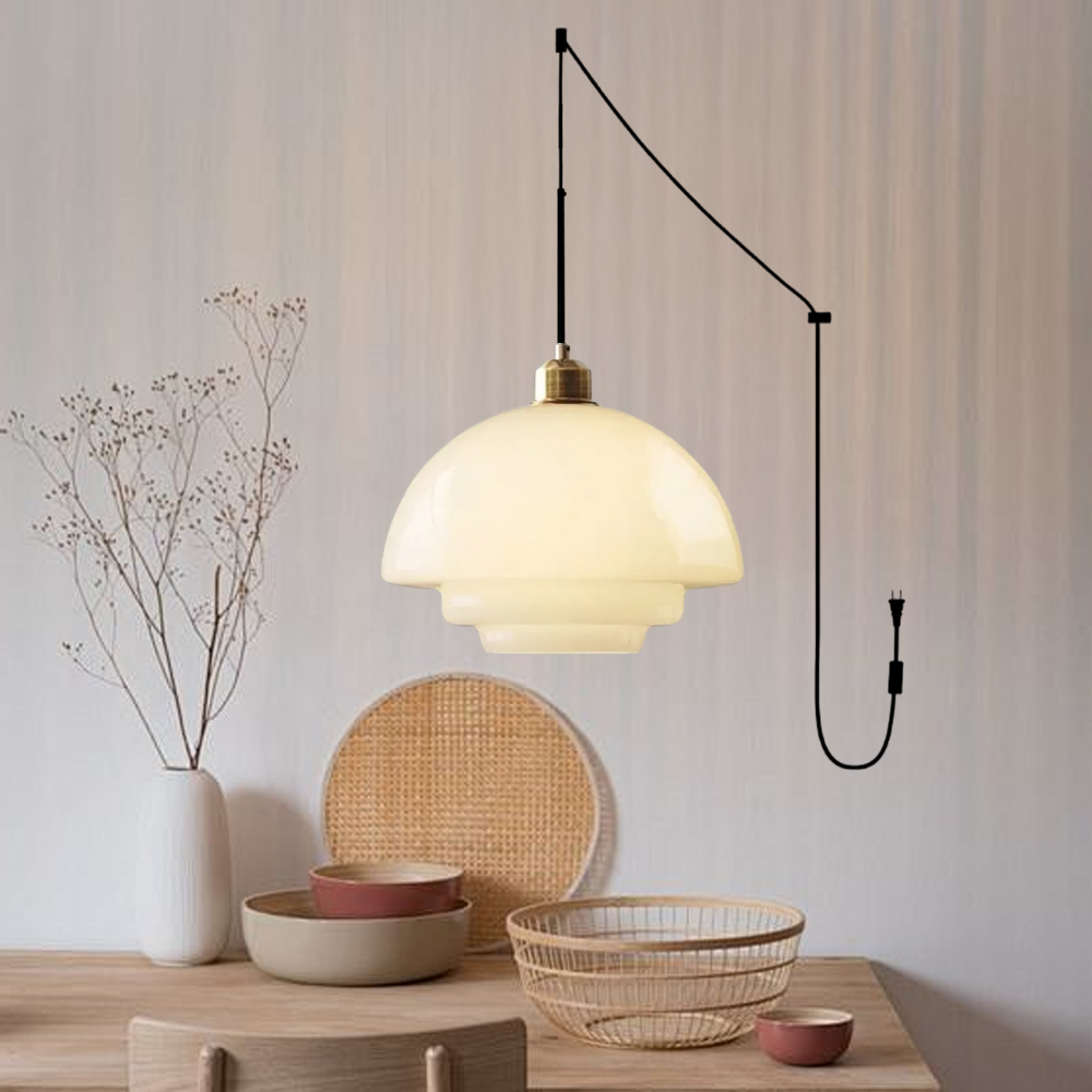 Mid Century Plug-in Milk White Glass Pendant Light