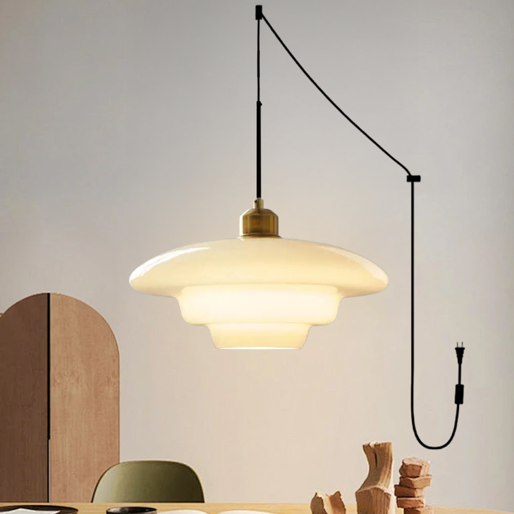 Mid Century Plug-in Milk White Glass Pendant Light