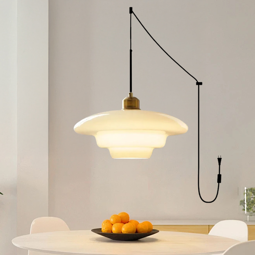 Mid-Century Milk White Glass Pendant | Plug in Hanging Island