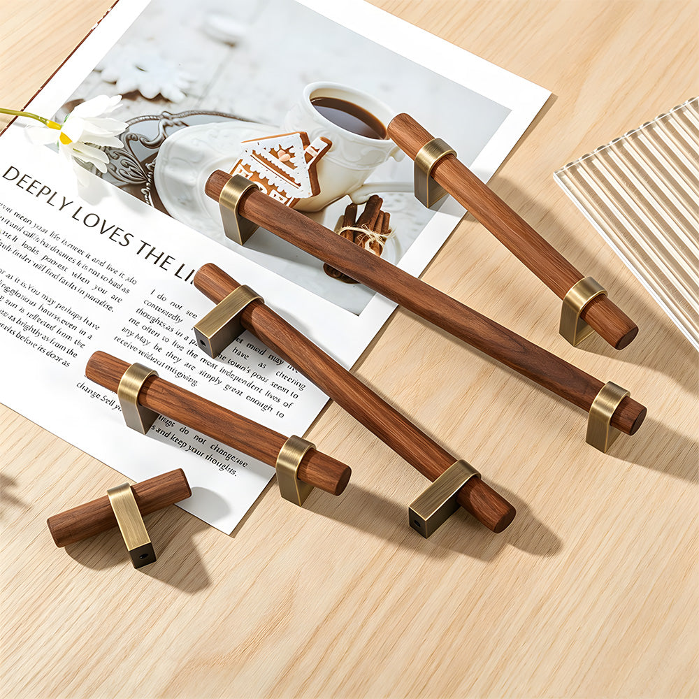 Mid-Century Walnut Wood and Brass T-Bar Dresser Pulls