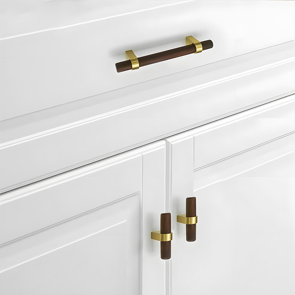 Mid-Century Walnut Wood and Brass T-Bar Dresser Pulls