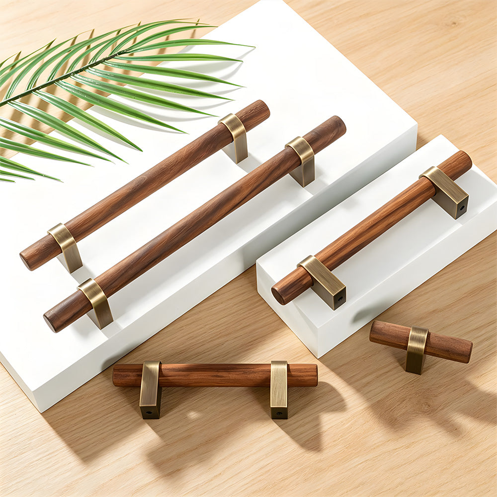 Walnut Wood T-Bar Cabinet Pulls - Mid-Century Brass Drawer Handles