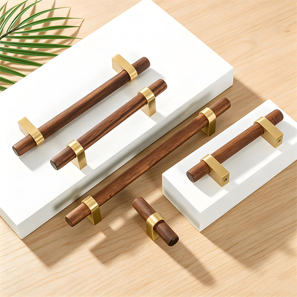 Mid-Century Walnut Wood and Brass T-Bar Dresser Pulls