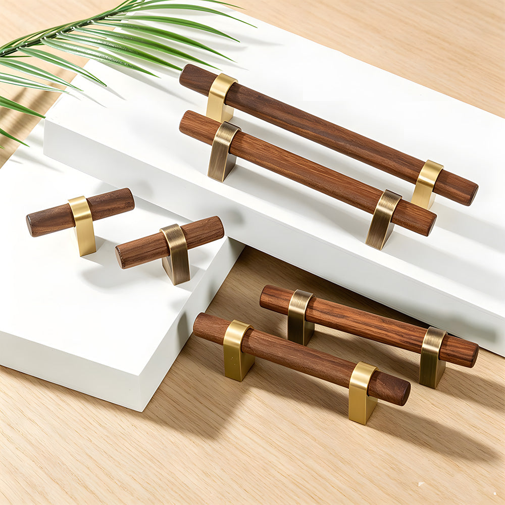 Mid-Century Walnut Wood and Brass T-Bar Dresser Pulls