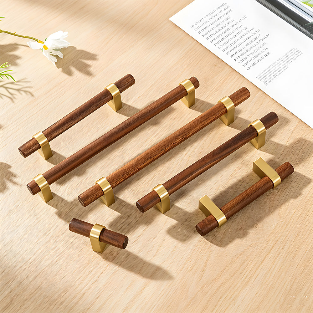 Mid-Century Walnut Wood and Brass T-Bar Dresser Pulls