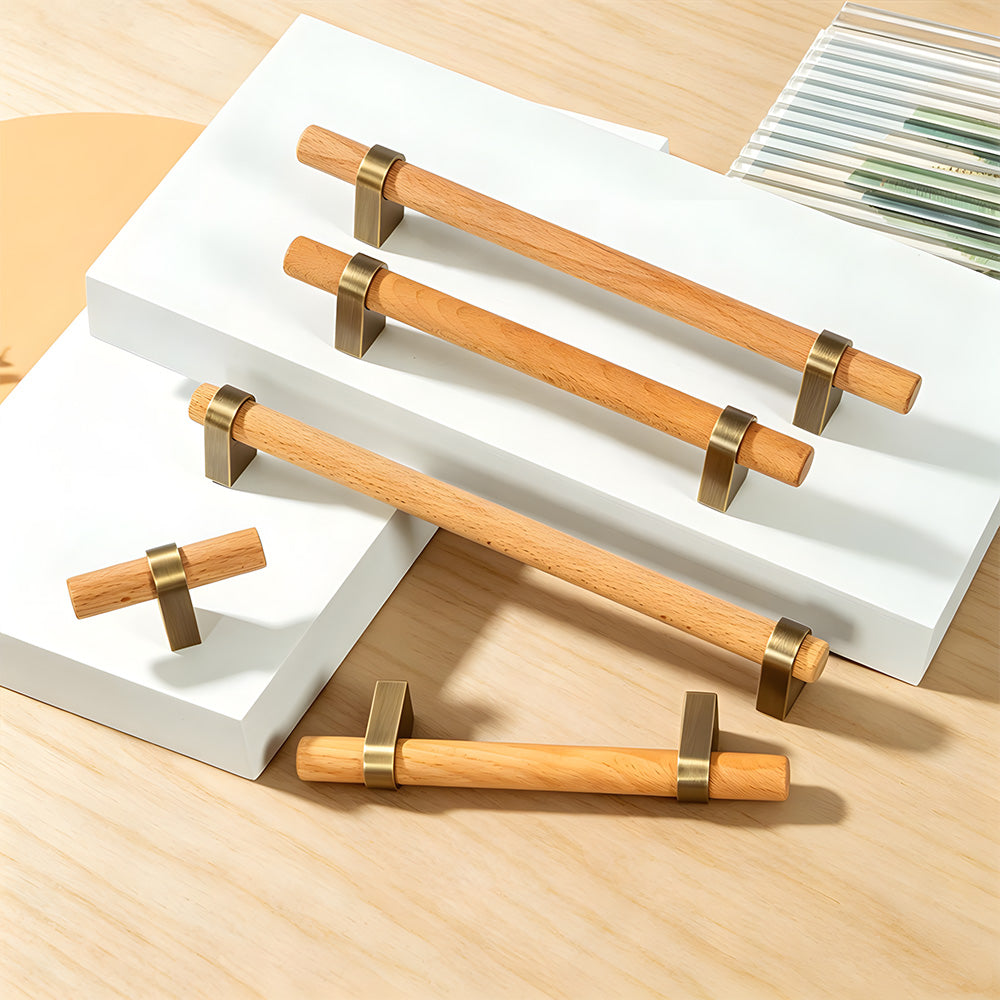 Mid-Century Walnut Wood and Brass T-Bar Dresser Pulls
