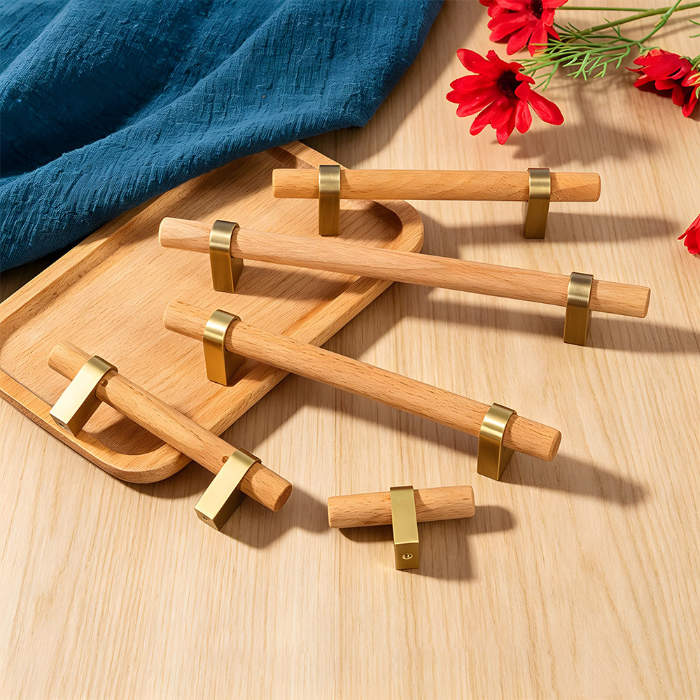 Mid-Century Walnut Wood and Brass T-Bar Dresser Pulls