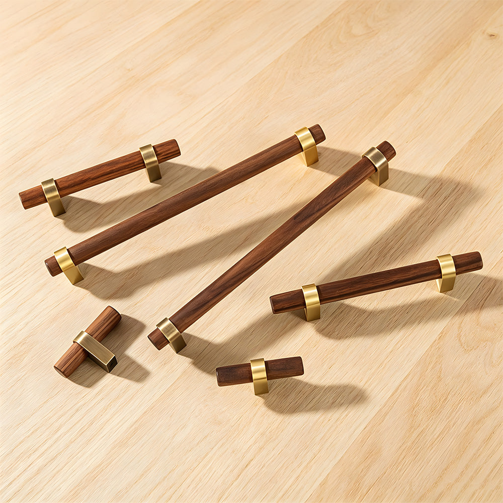 Mid-Century Walnut Wood and Brass T-Bar Dresser Pulls