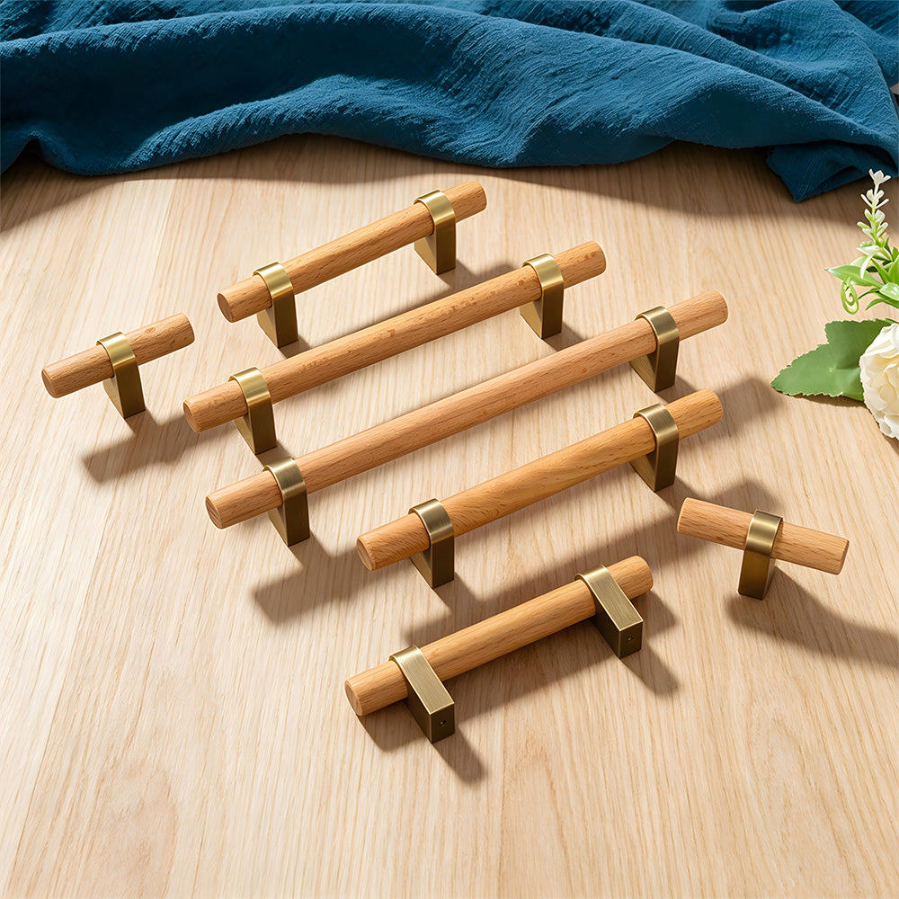 Mid-Century Walnut Wood and Brass T-Bar Dresser Pulls