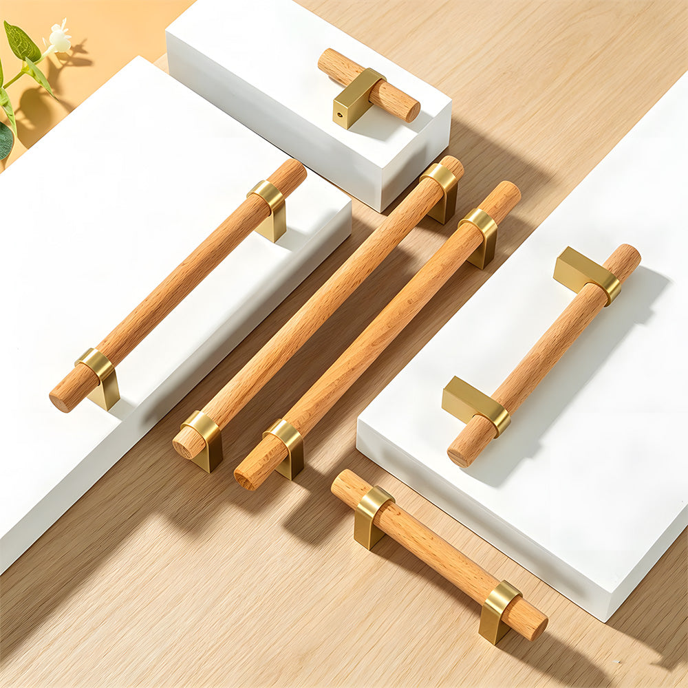 Mid-Century Walnut Wood and Brass T-Bar Dresser Pulls