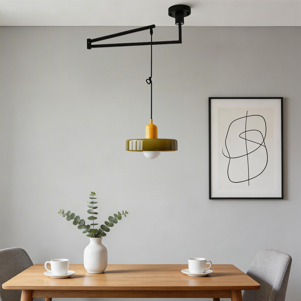 Modern Cream Glass Adjustable Swing Arm Pendant Light