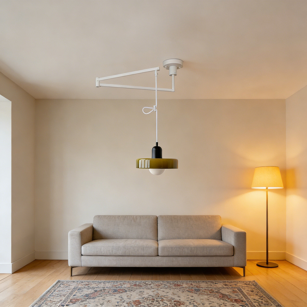 Modern Cream Glass Adjustable Swing Arm Pendant Light