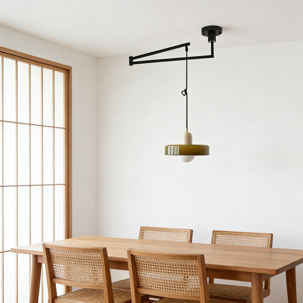 Modern Cream Glass Adjustable Swing Arm Pendant Light