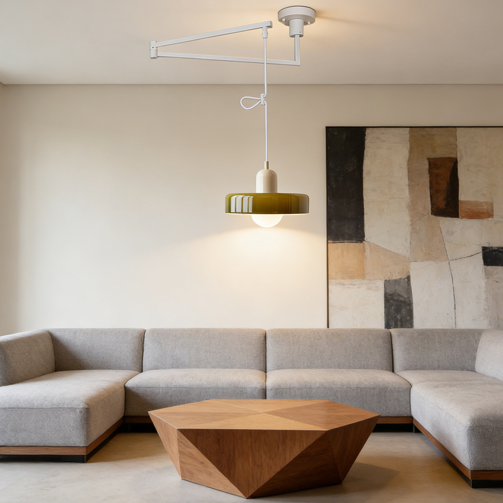 Modern Cream Glass Adjustable Swing Arm Pendant Light