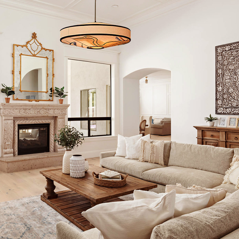 Modern Fabric and Iron Natural Wood Finish Pendant Light 