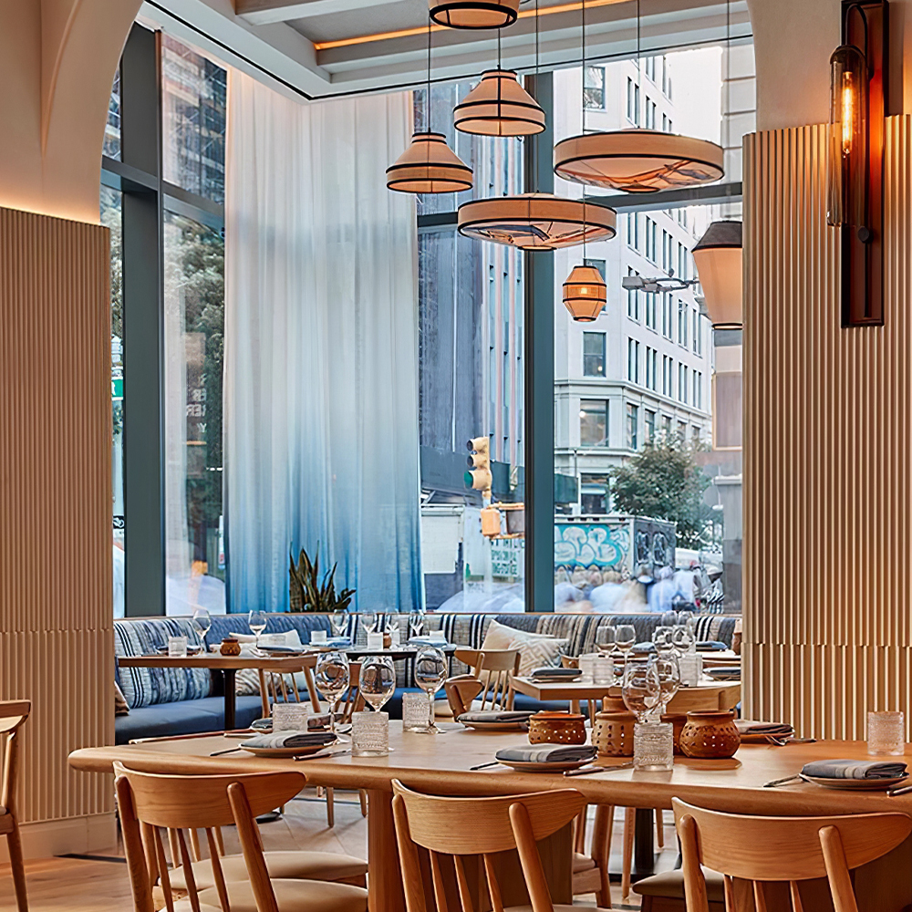 Modern Fabric and Iron Natural Wood Finish Pendant Light 