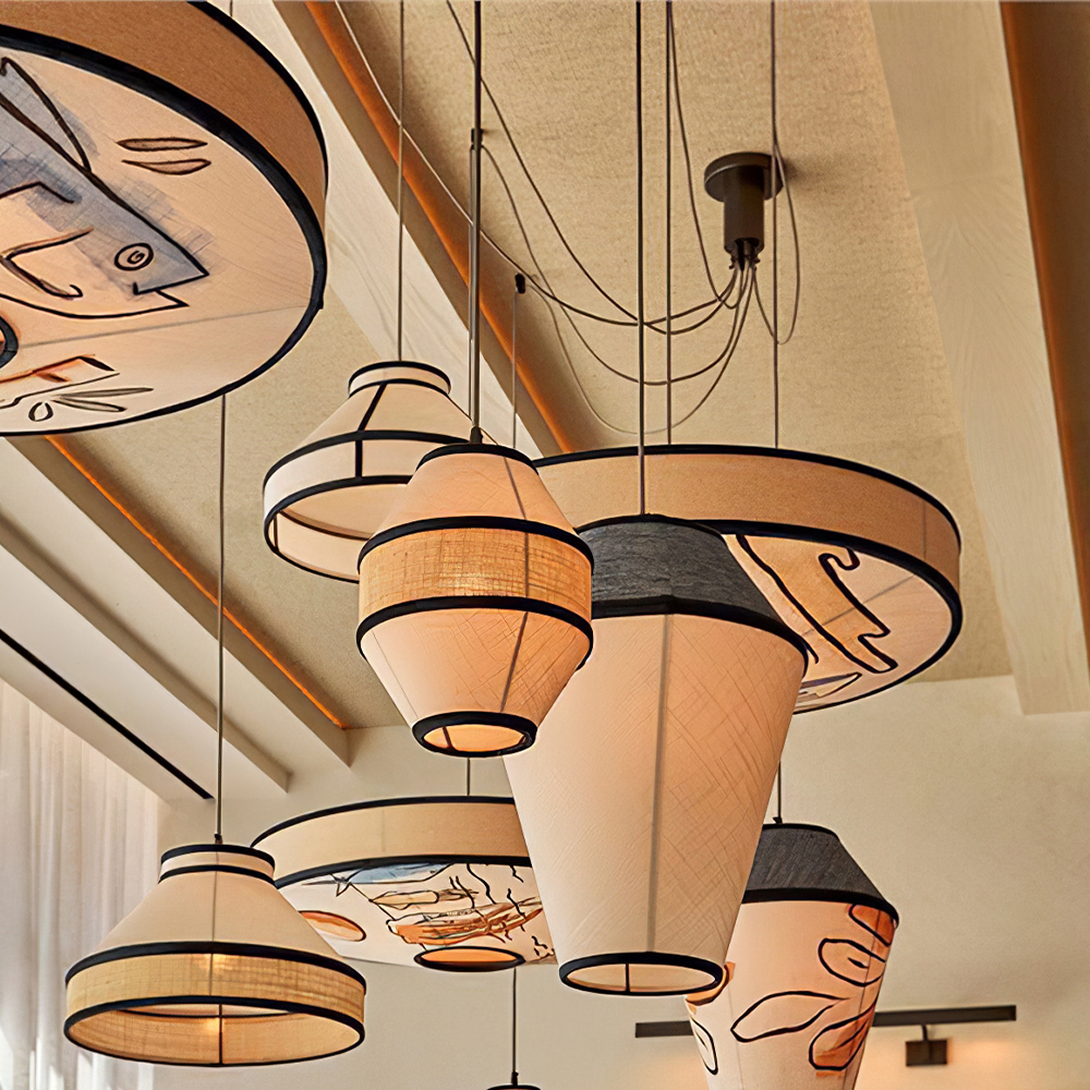 Modern Fabric and Iron Natural Wood Finish Pendant Light 