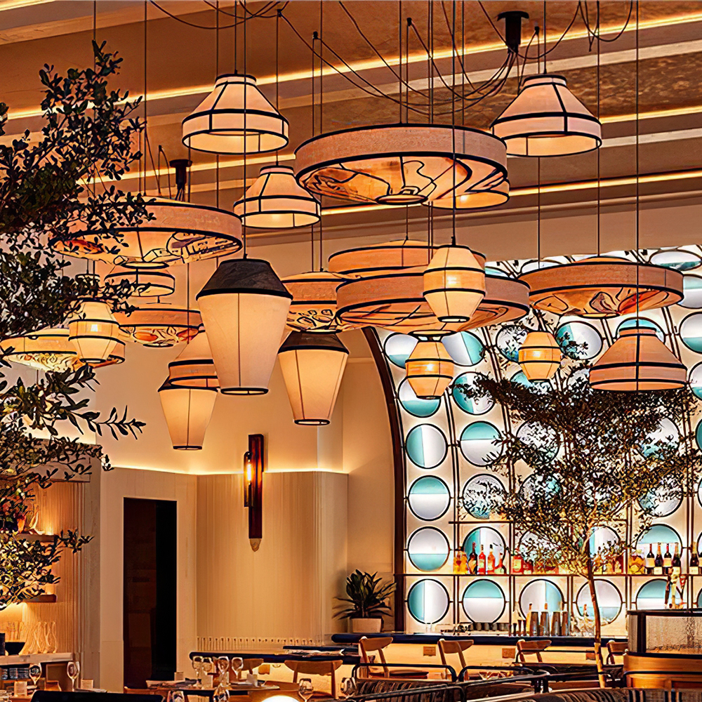 Modern Fabric and Iron Natural Wood Finish Pendant Light 