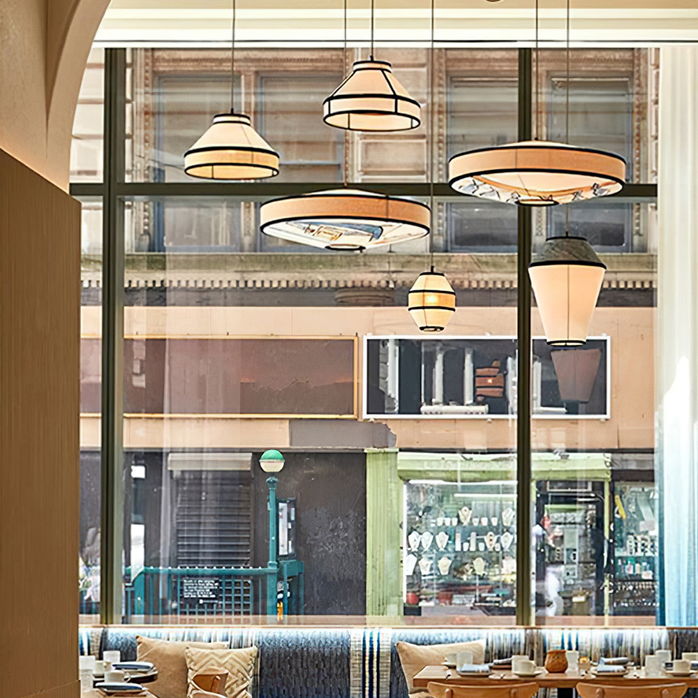 Modern Fabric and Iron Natural Wood Finish Pendant Light 