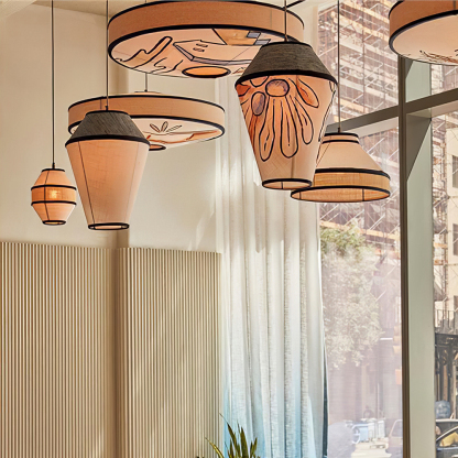 Modern Fabric and Iron Natural Wood Finish Pendant Light 