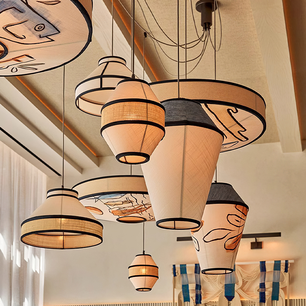 Modern Fabric and Iron Natural Wood Finish Pendant Light 