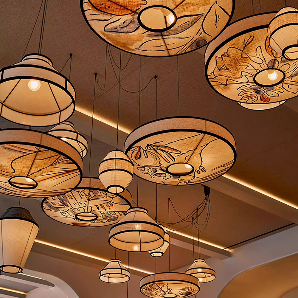 Modern Fabric and Iron Natural Wood Finish Pendant Light 