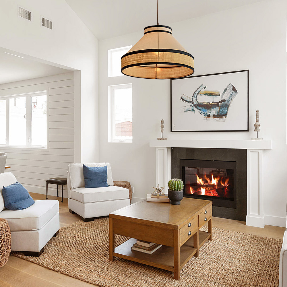 Modern Fabric and Iron Natural Wood Finish Pendant Light 