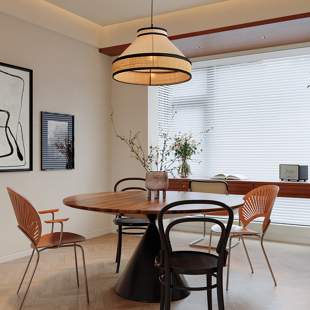 Modern Fabric and Iron Natural Wood Finish Pendant Light 