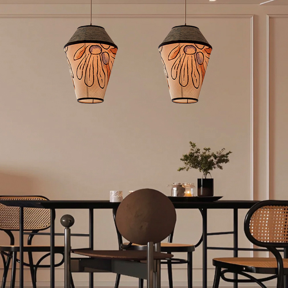 Modern Fabric and Iron Natural Wood Finish Pendant Light 