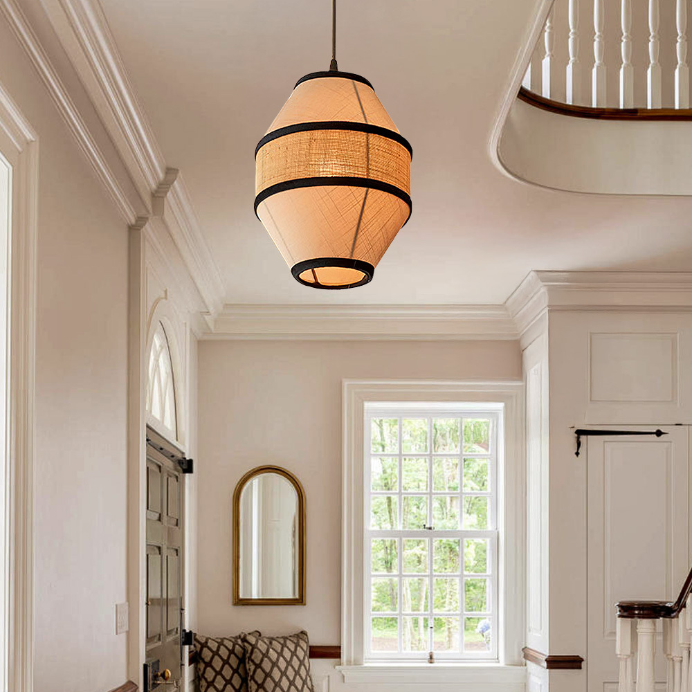 Modern Fabric and Iron Natural Wood Finish Pendant Light 