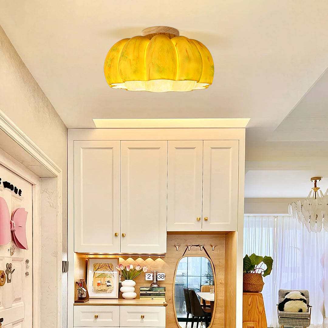 Modern Cream Style Yellow Pumpkin Ceiling Light -Homdiy