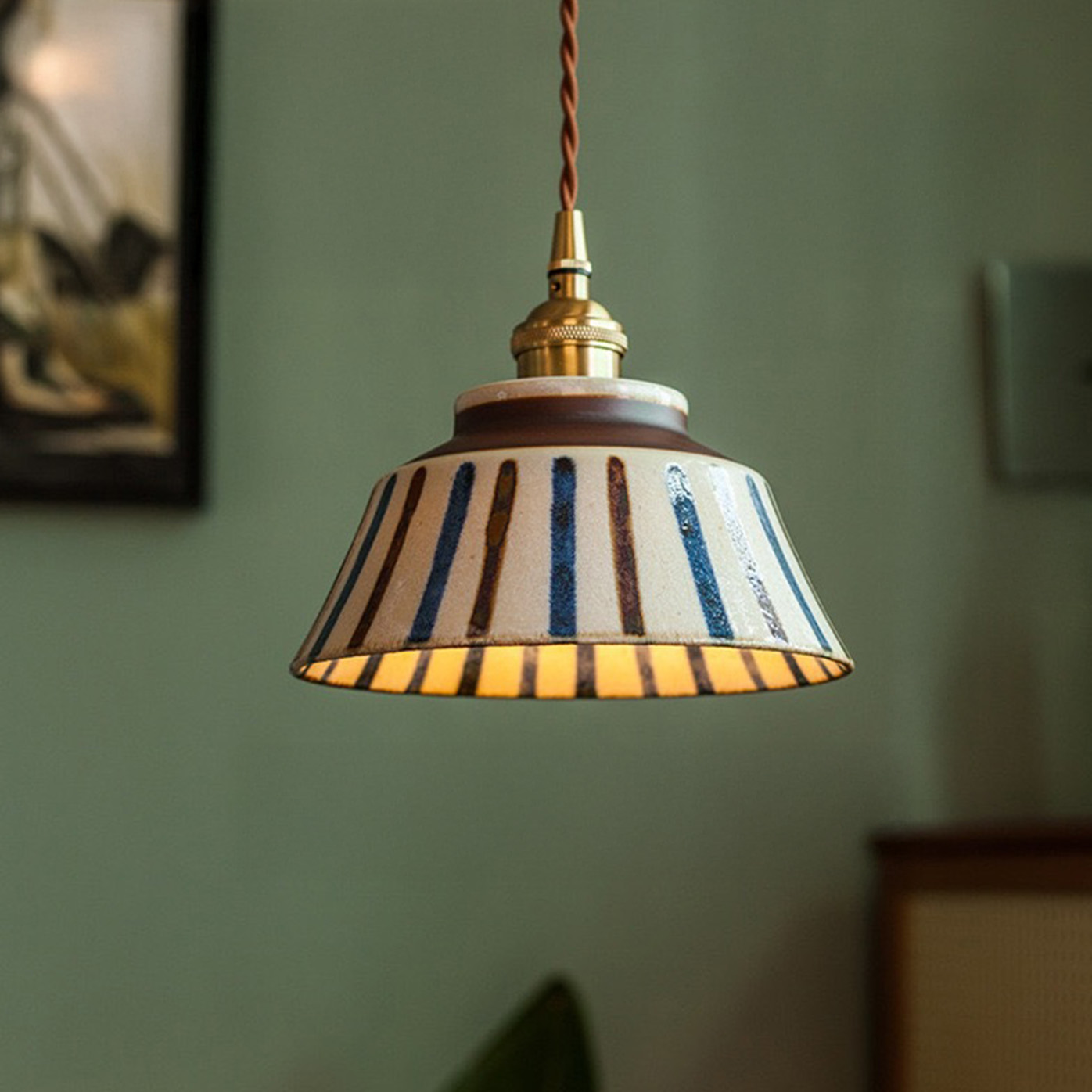 Mid-Century Hand-Painted Ceramic Pendant Light & Wall Sconce Set