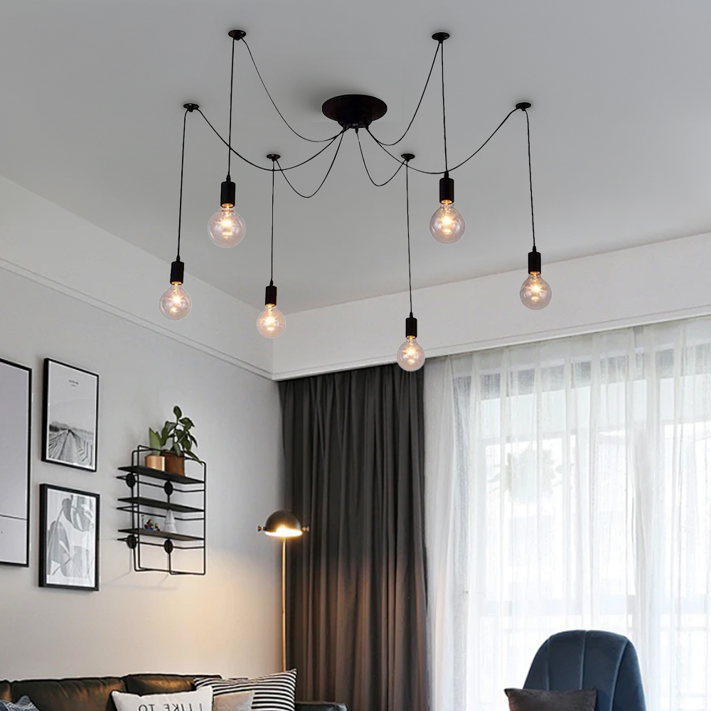 Spider-Style Black Iron & Glass Pendant Light for Living Room