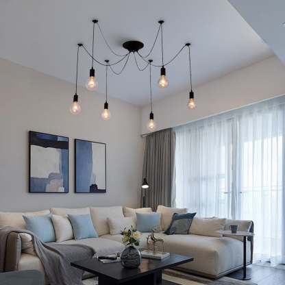 Spider-Style Black Iron & Glass Pendant Light for Living Room